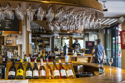 France, Herault, Montpellier, Port Marianne district, around the Bassin Jacques Coeur, wine tasting bar and restaurant Le Trinque-Fougasse