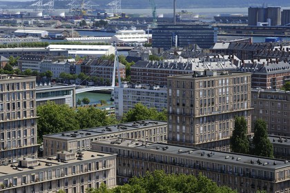 France, Seine Maritime, Le Havre, Downtown rebuilt by Auguste Perret listed as World Heritage by UNESCO, Perret buildings and the port in the background