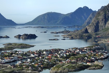Norway, Nordland County, Lofoten Islands, Vagan island, port of Henningsvaer (aerial view)