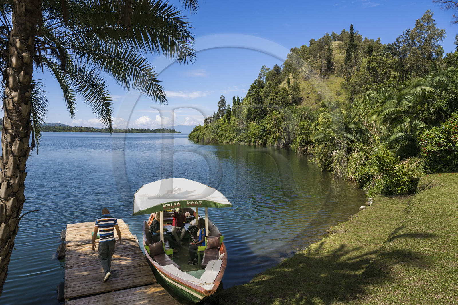 Rwanda, Western Province, Karongi (formerly named Kibuye), shores of Lake Kivu, boat at the landing stage of the Inn on the lake guest house