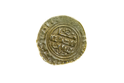 France, Aveyron, Causses and the Cévennes, cultural landscape of Mediterranean agro-pastoralism, listed as World Heritage by UNESCO, La Cavalerie, Reception of the ramparts museum, gold coin used by the Knights of the Order of the Temple and issued by the County of Tripoli (Latin States of the East), gold dinar minted in Tripoli in imitation of those of the Caliph Al Mustansir (from 1187 to 1260)