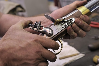 Italy, Lombardy, province of Brescia, Gardone Val Trompia, Davide Pedersoli & C manufacturer specialized in the production of historical muzzleloading guns, final assembly of a pistol