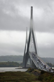 France, Seine Maritime, Natural Reserve of the Seine estuary and Normandy bridge under the clouds