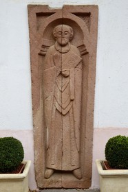 France, Bas Rhin, the Alsace Wine Route, Mittelbergheim, labelled Les Plus Beaux Villages de France (The Most Beautiful Villages of France), monk tombstone of the 12th century found in the cellar of Domaine Gilg