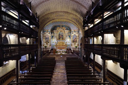 France, Pyrenees Atlantiques, Basque Country, Saint Etienne de Baigorry, Saint-Etienne (St. Stephen's) Church, the wooden galleries of the nave