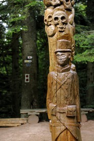 France, Vosges, chemin des passeurs (path used by border escorts) of Donon on the trail of escape connection of Rehtal, totem carved in the village by a group of youth in social rehabilitation, skull and crossbones represent the war and a vine represent the life which goes on