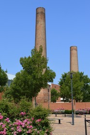 France, Haut Rhin, Mulhouse, brick chimneys of former industrial buildings in the Mer Rouge (Red Sea) neighborhood
