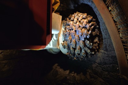 France, Moselle, Petite Rosselle, carreau Wendel museum, bottom of the mine reconstruction, rock digging gallery, Manual drilling machine used for drilling galleries