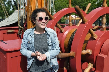 France, Charente-Maritime, Rochefort, International Center of the Sea in the former Rochefort Maritime Dock, the frigate Hermione replica of the three-master ship where the Marquis de Lafayette sailed for America in 1780, Amandine Delahay was on board during the inaugural crossing to New York in 2015