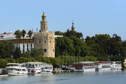 Spain, Andalusia, Seville, Guadalquivir river Banks, the Golden Tower (Torre del Oro), former military watch tower built at the beginnings of the 13th century converted to a Maritime Museum
