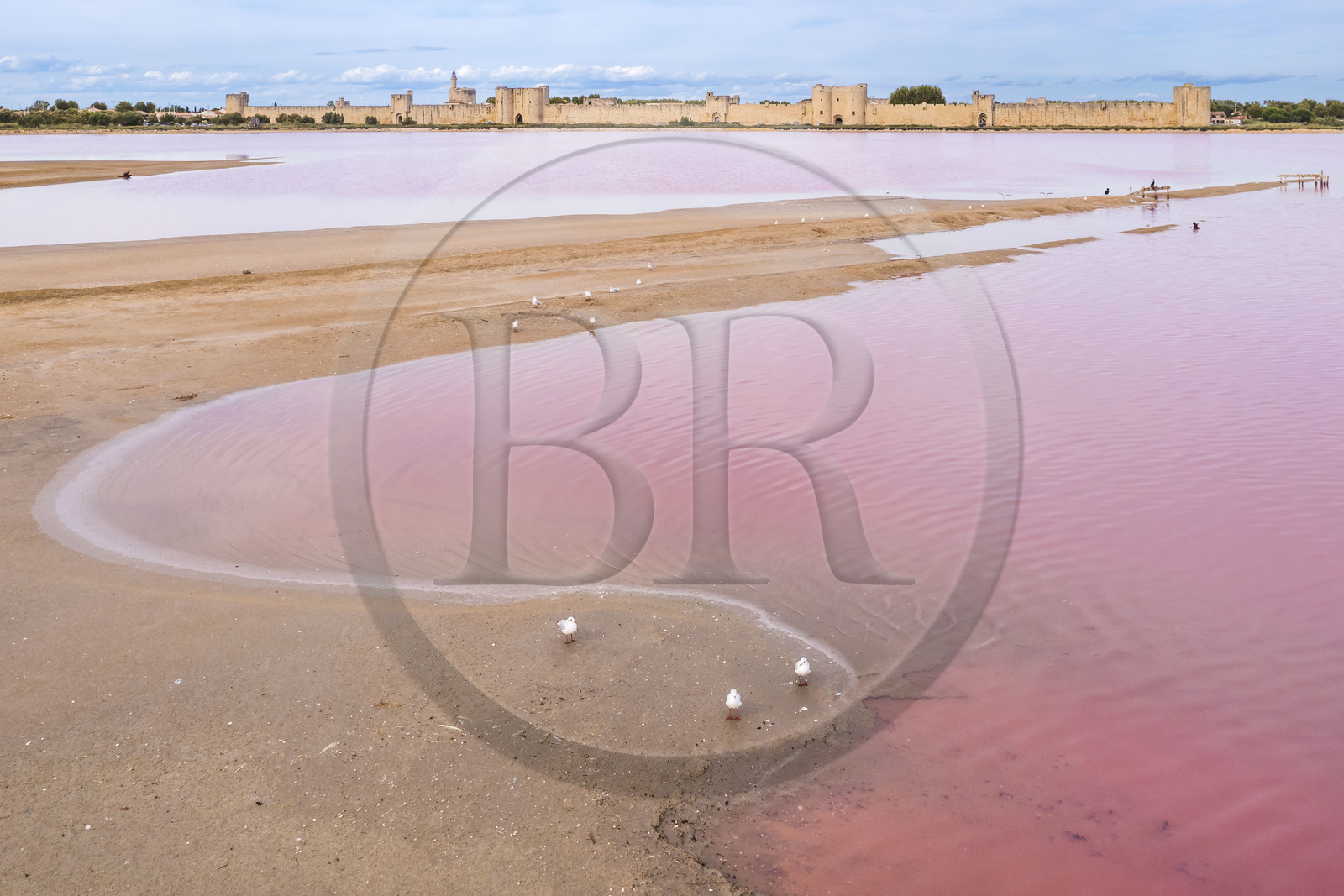 France, Gard (30), Aigues-Mortes, la ville médiévale entourée par ses remparts en bordure des marais salants (Salins du Midi) (vue aérienne)