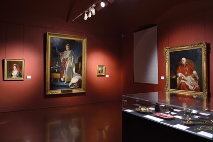 France, Corse du Sud, Ajaccio, Fesch museum (the Museum of Fine Arts), hall of Napoleonic collection, Laetitia Bonaparte left, the coronation of Napoleon in the center and a portrait of Cardinal Fesch right