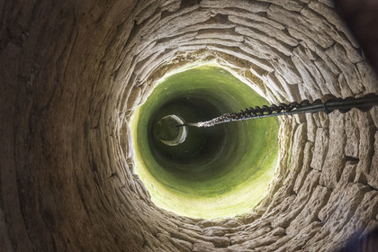 France, Cote d'Or, cultural Landscape of the climates of Burgundy listed as World Heritage by UNESCO, Route des Grands Crus (road of Vintage Wines), vineyard of the Côte de Nuits, Vougeot, the Chateau of Clos de Vougeot, the 12th century and 18m well