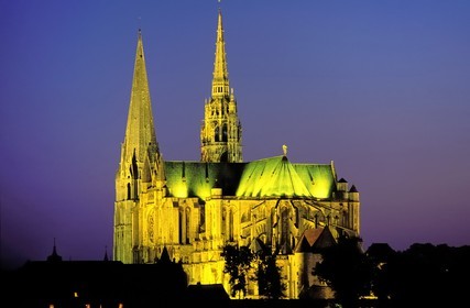 France, Eure et Loir, Chartres, Notre Dame de Chartres Cathedral listed as World Heritage by UNESCO by night