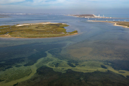 Portugal, Algarve, Ria Formosa Natural Park, Faro, Island of Barreta or Deserta (Ilha da Barretta or Deserta), the lighthouse of Ilha do Farol part of  Ilha da Culatra in the background (aerial view)