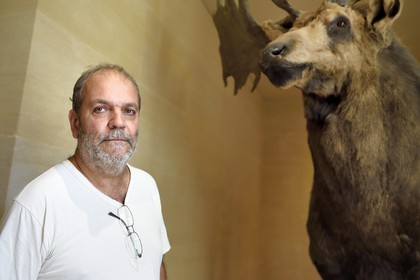 France, Dordogne (24), Périgord Noir, vallée de la Vézère, Les Eyzies-de-Tayac-Sireuil, site classé Patrimoine Mondial de l'UNESCO, Musée National de la Préhistoire, le directeur Jean-Jacques Cleyet-Merle à côté d'un mégacéros
