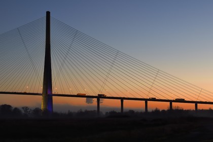 France, between  Calvados and Seine Maritime, the Pont de Normandie (Normandy Bridge) at dawn, it spans the Seine to connect the towns of Honfleur and Le Havre