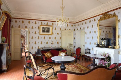 France, Haute Corse, Cap Corse, Rogliano, the palazzu Nicrosi (Palazzi or House of American), Pierre Nicrosi with his three brothers prospered in trade, real estate and cotton in Alabama, the main living room is still decorated with the floral wallpaper with gold leaf placed here 135 years ago