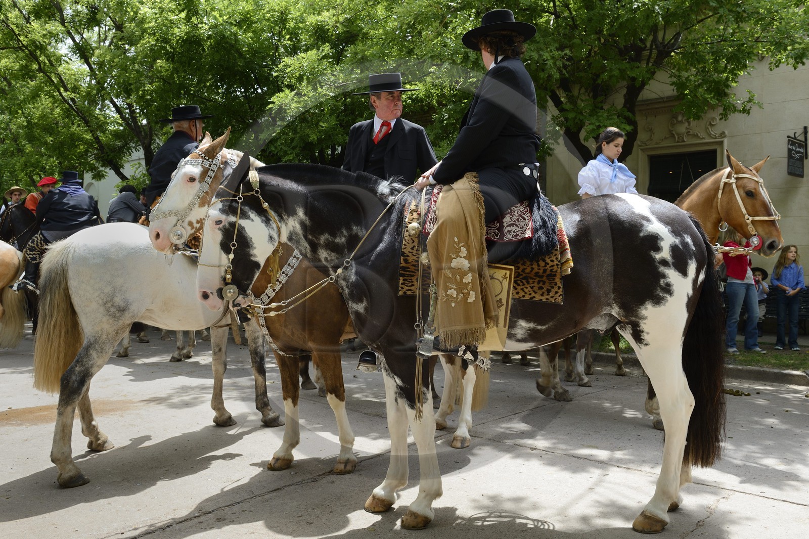 Argentine, province de Buenos Aires, San Antonio de Areco, fête du Jour de la Tradition (Dia de la Tradicion), gauchos à cheval en habit traditionnel, estancieros (gauchos propriétaires d'un ranch)