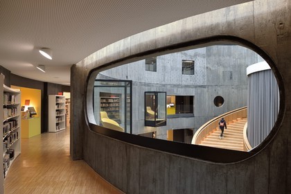 France, Seine Maritime, Le Havre, Downtown rebuilt by Auguste Perret listed as World Heritage by UNESCO, the little volcano artwork by architect Oscar Niemeyer, library and media library