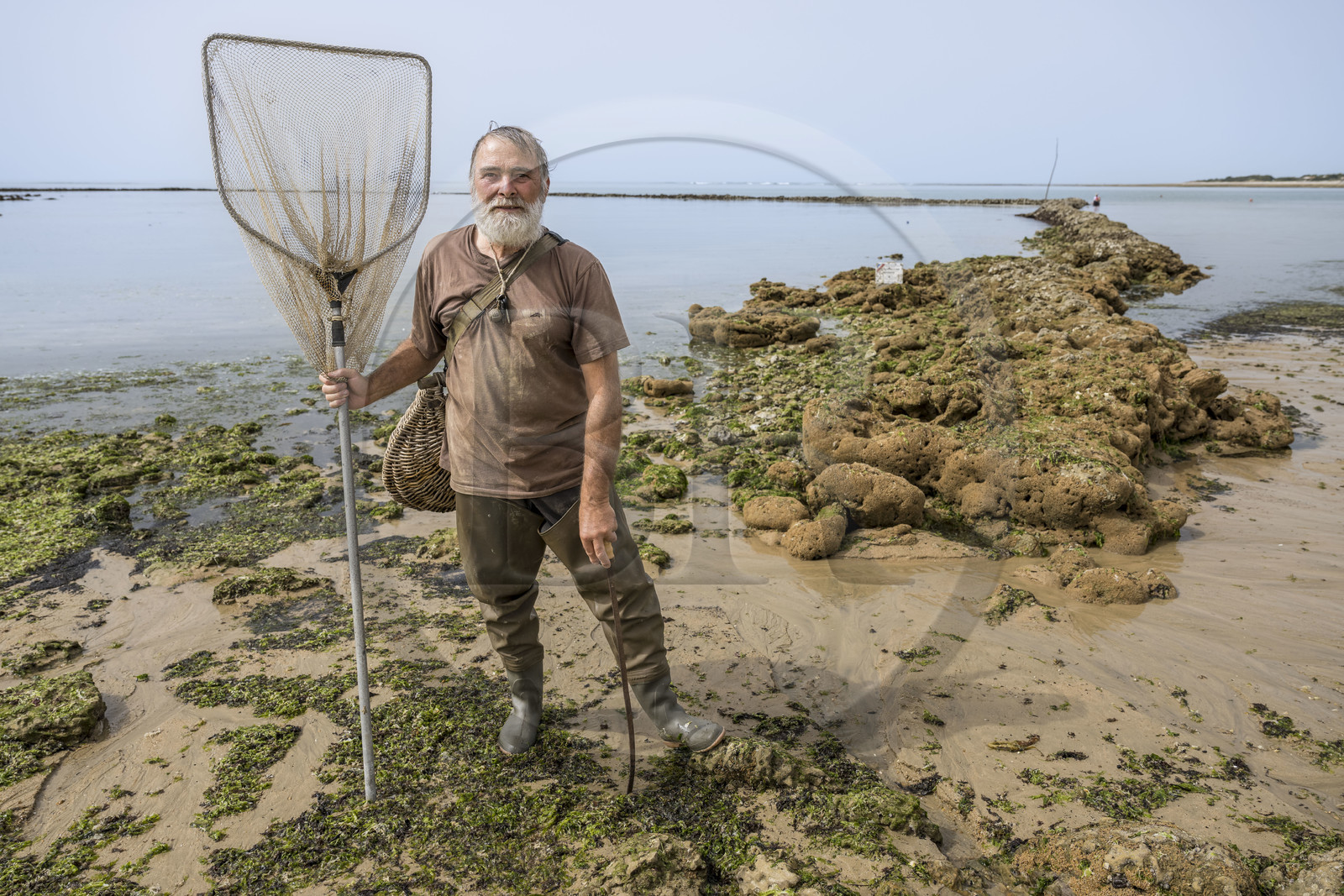 France, Charente-Maritime (17), Ile d'Oléron, Saint-Georges-d'Oléron, plage des Sables Vignier à marée basse, concessionnaire mareyant de l'écluse à poissons des Basses