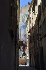 France, Var, Toulon, little Chicago district now Arts district, large mural by Art Mural Nice inspired by old posters at the end of the rue du Noyer