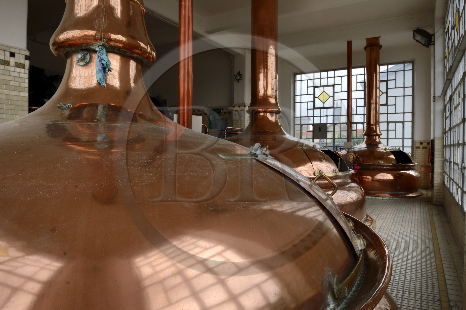 France, Meurthe-et-Moselle (54), Saint-Nicolas-de-Port, le Musée français de la brasserie installé dans une ancienne brasserie industrielle dont le bâtiment de 1931 de l'architecte Fernand César est un exemple de l'architecture industrielle Art déco, salle des cuves