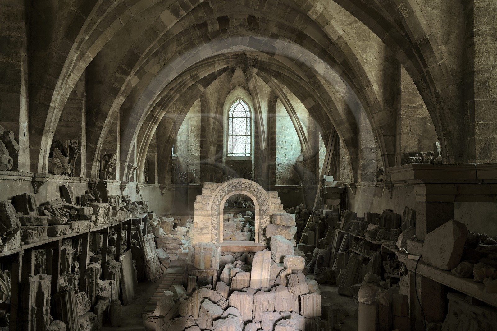 France, Marne, Reims, Palais du Tau, listed as World Heritage by UNESCO, the archbishop lower chapel (13th century), which serves as stone deposit since the 19th century