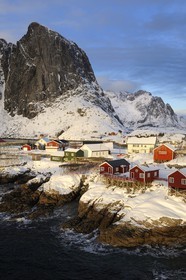 Norvège, Nordland, Iles Lofoten, Ile de Moskenes, le port de pêche de Hamnoy près de Reine, accrochage du cabillaud (morue) pour le séchage