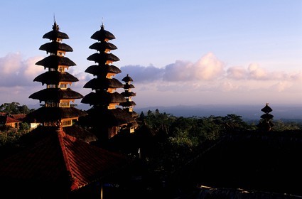 Indonesia, Bali island, Pura (temple) Besakih, meru with multiple roofs of Pura Penataran Agung being drawn up towards the sky
