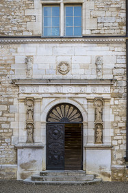 France, Cote d'Or, cultural Landscape of the climates of Burgundy listed as World Heritage by UNESCO, Route des Grands Crus (road of Vintage Wines), vineyard of the Côte de Nuits, Vougeot, the Chateau of Clos de Vougeot, the Renaissance staircase entrance