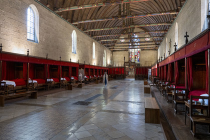 France, Cote d'Or, Beaune, area listed as World Heritage by UNESCO, Hospices de Beaune, Hotel Dieu, the Great Hall of the Poor and its curtained beds