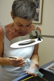 France, Isere, Vienne, Restoration and municipal archaeological study center (CREAM), conservation and restoration workshop of archaeological objects of metal, glass, ceramic as well as molding and preventive conservation, roman glass jug probably of the first century
