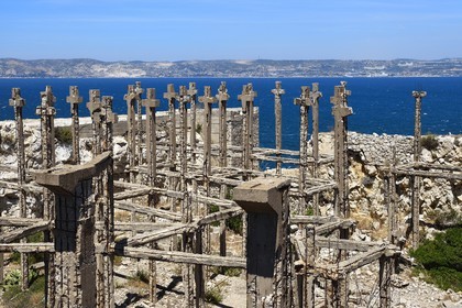 France, Bouches du Rhone, Marseille, Calanques National Park, archipelago of Frioul islands, Ratonneau island, Ratonneau Fort, pseudo field of crosses, vestige of structures of German casemate for canon whose construction was interrupted by the end of the war