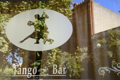 Argentina, Buenos Aires, San Telmo district, window of a bar where you can dance the tango