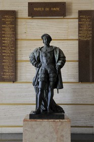 France, Seine Maritime, Le Havre, Downtown rebuilt by Auguste Perret listed as World Heritage by UNESCO, statue of Francois Ist founder of the city in the lobby of the Hotel de Ville
