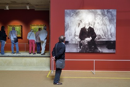 Switzerland, canton of Valais, Martigny, Pierre Gianadda Foundation, photographic portrait of Paul Cézanne sitting in front of les Grandes Baigneuses running