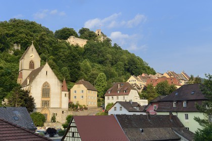France, Haut Rhin, Sundgau, Ferrette overlooked by its castle, the Catholic Church of Saint Bernard de Menthon