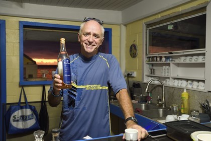 Caribbean, Dominica Island, Soufriere Bay, village of Soufriere, Simon Walsh of Natural Island Divers presents an aged rum under the sea