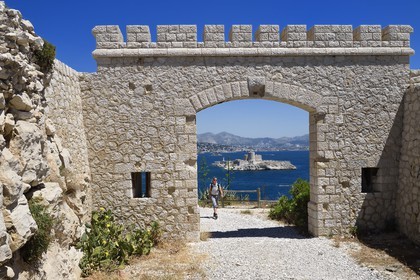 France, Bouches du Rhone, Marseille, Calanques National Park, archipelago of Frioul islands, Ratonneau island, entrance to Fort Ratonneau and the Chateau d'If