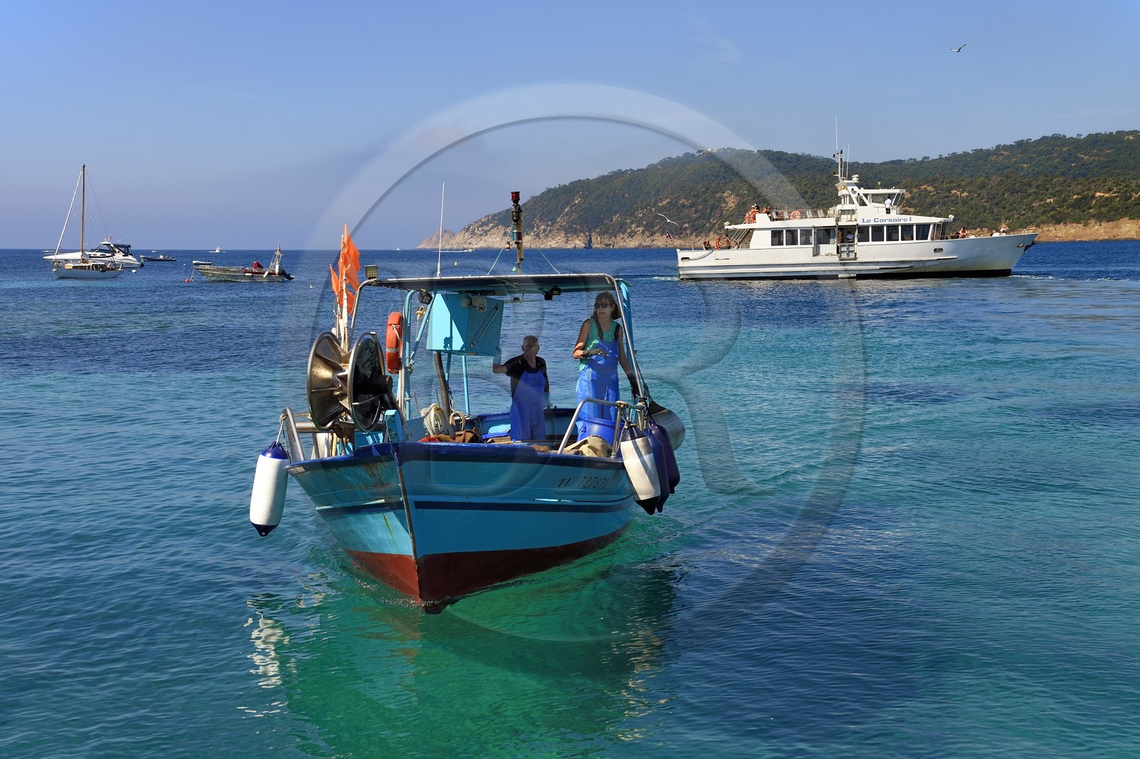 France, Var (83), Iles d'Hyères, Parc national de Port Cros, Ile du Levant, domaine naturiste d'Héliopolis, retour au port du bateau de pêche de Christophe et Brigitte Chevallier, seuls pêcheurs professionnels d'Héliopolis