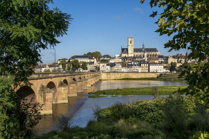 France, Nièvre, Nevers, the islands on the Loire upstream from the Pont de la Loire, the Quai de Mantoue and the Saint-Cyr-et-Sainte-Julitte cathedral in the background
