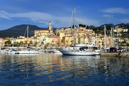 France, Alpes-Maritimes, Menton, the port and the old town dominated by the St Michel Basilica