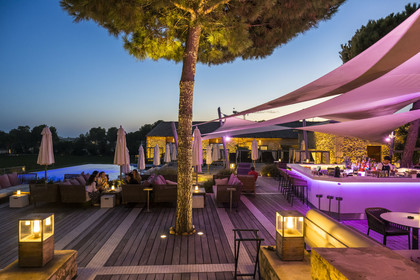 France, Hérault (34), Castelnau-le-Lez, Chateau ou Domaine de Verchant, hotel particulier du XVIème et XVIIème siècle appelée folie montpelliéraine, le restaurant et bar extérieur