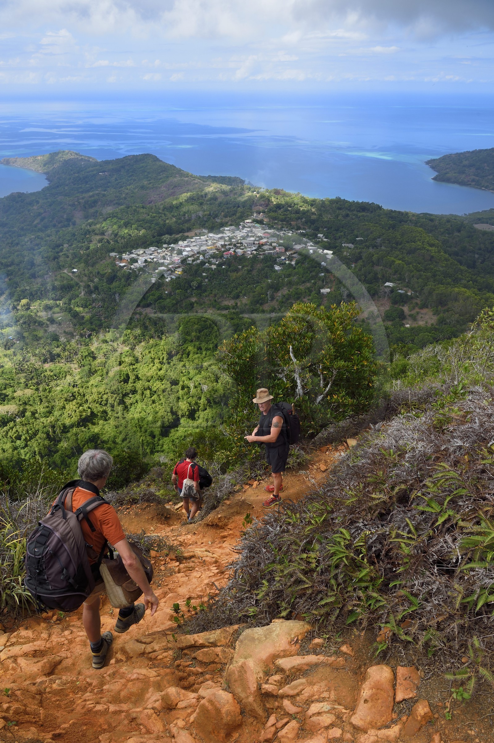 France, Ile de Mayotte, Grande-Terre, Réserve Forestière des Cretes du Sud, randonneurs redescendant du sommet du Mont Choungui (594 mètres)