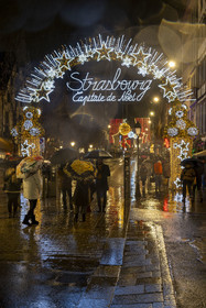 France, Bas Rhin, Strasbourg, old town listed as World Heritage by UNESCO, Strasbourg Capitale de Noël is displayed at the entrance to rue du Vieux-Marché-aux-Poissons