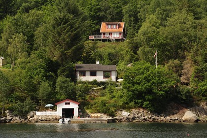 Norvège, Rogaland, région de Stavanger, Hogsforden, maisons secondaire estivale autour de l'île d'Adnoy