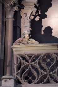 France, Bas Rhin, Strasbourg, old town listed as World Heritage by UNESCO, Notre Dame Cathedral, south transept, the man leaning on the cantoria, could be the sculptor Hans Hammer (late 15th century)