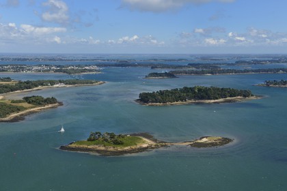 France, Morbihan (56), Golfe du Morbihan, Ile Le Grand Huernic et Er Runio, en arrière plan la ville de Larmor Baden(vue aérienne)
