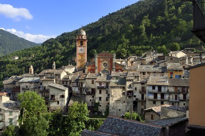 France, Alpes-Maritimes, Roya Valley (Nice hinterland), at the foot of the Mercantour National Park, Tende, Collegiate Church of Notre Dame de l'Assomption (Our Lady of the Assumption) in a tangle of flagstone roofs
